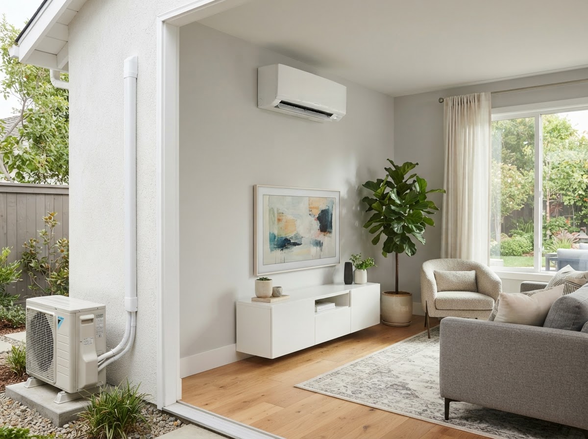Clean wall-mounted ductless mini-split system installed in a living room