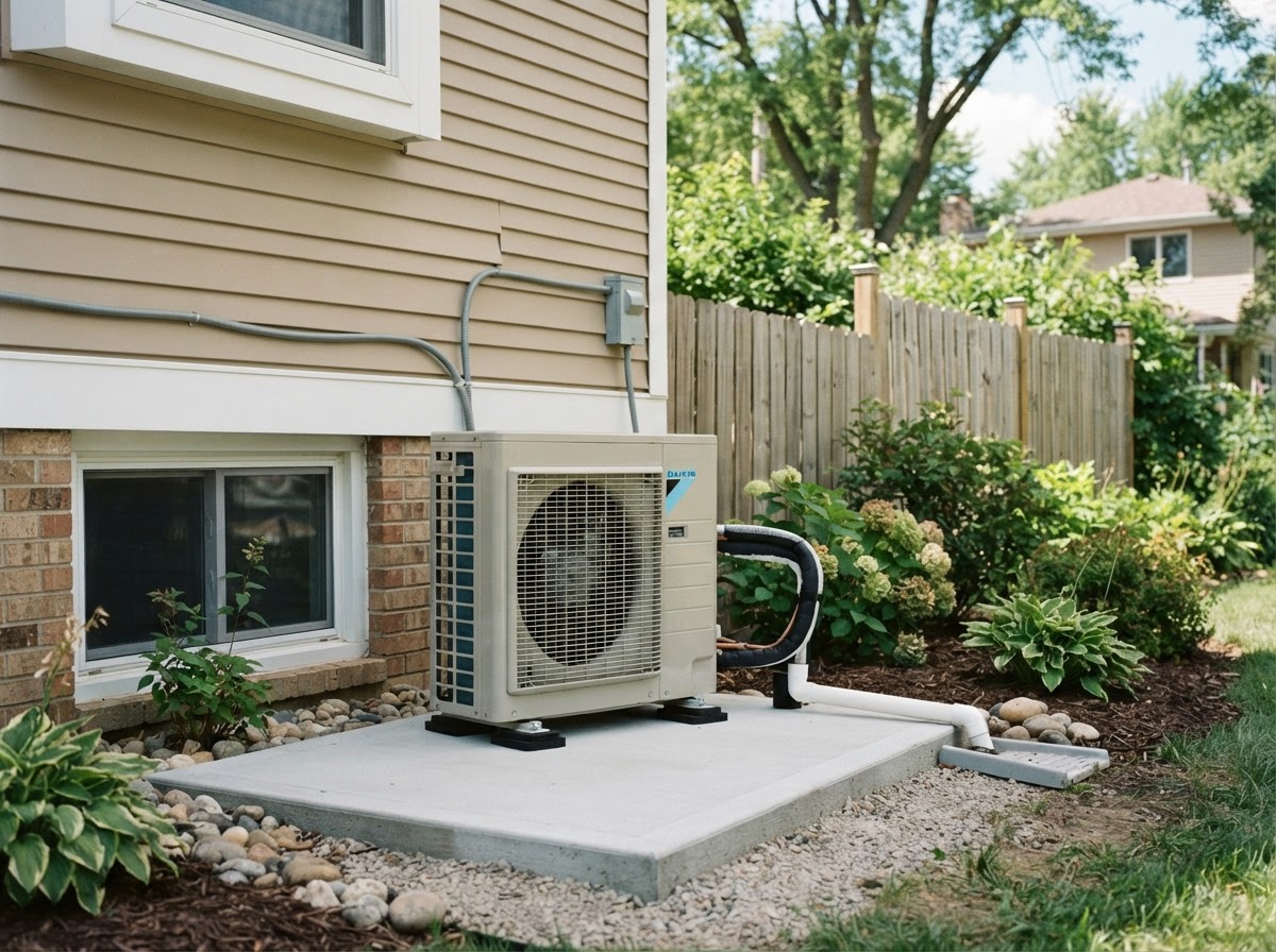 Modern electric heat pump outdoor unit installed beside a residential home