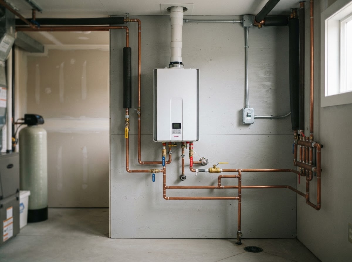 Professional tankless water heater installation in a residential utility room