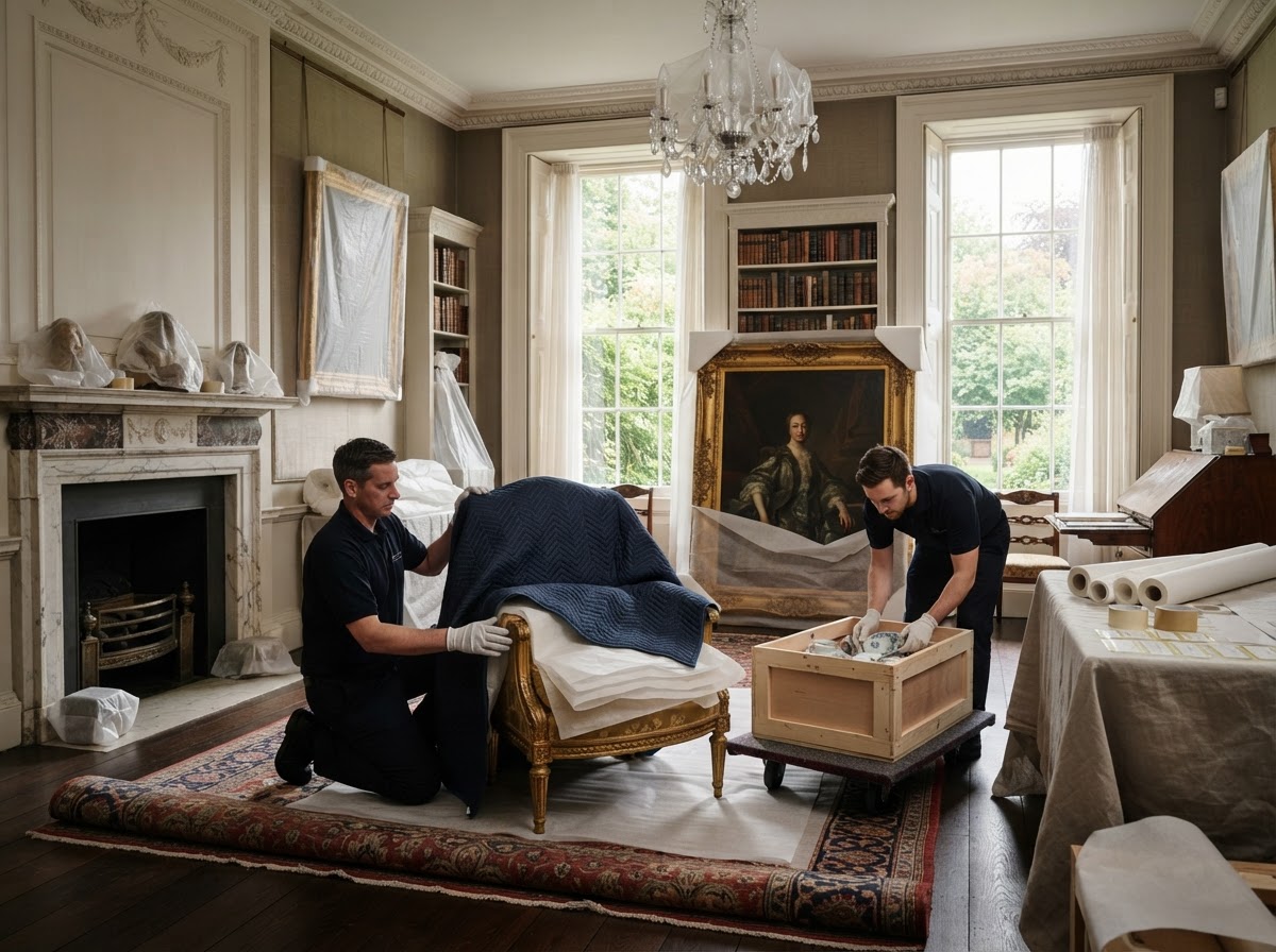 Elegant interior with carefully protected and wrapped furnishings
