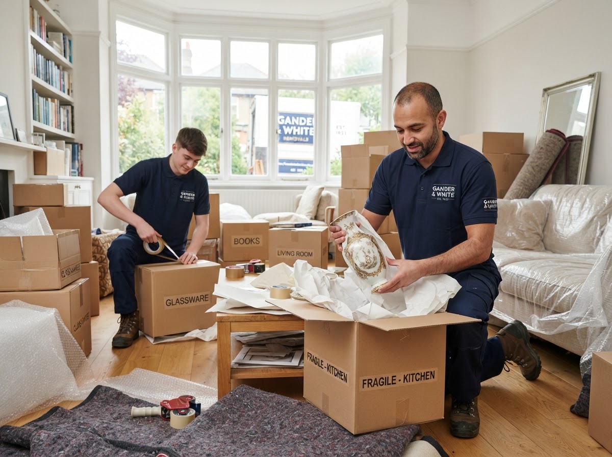 We Move Homes removals crew carefully packing household items and boxes during a home move