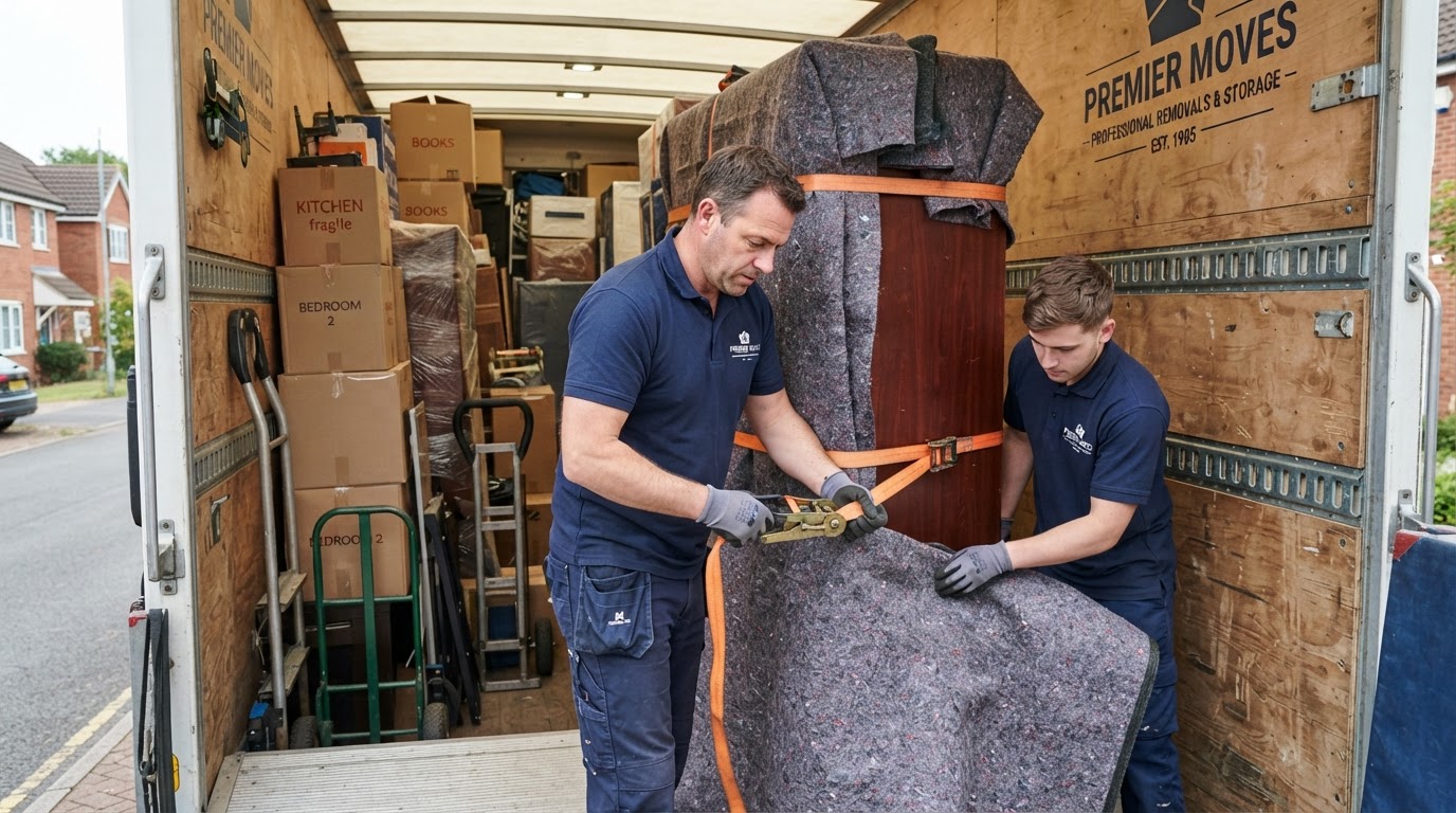 We Move Homes removals crew securing furniture with transit blankets and protective straps inside a removal van