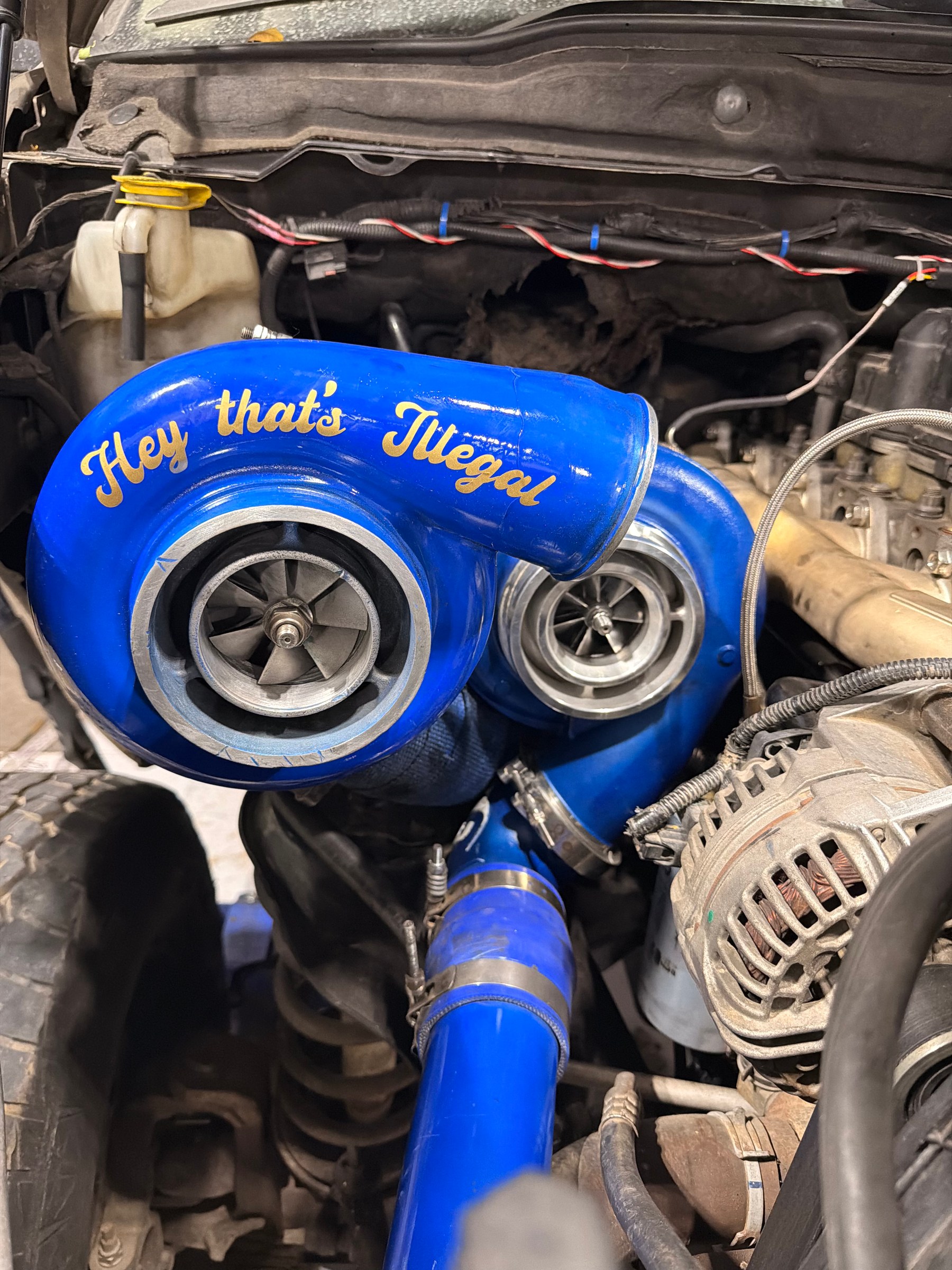 Blue turbo components and piping in an engine bay.