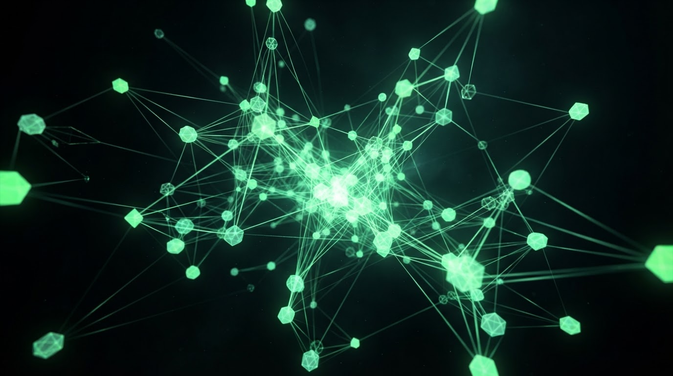 A glowing neon-green network of connected nodes — Logic First acquisition network