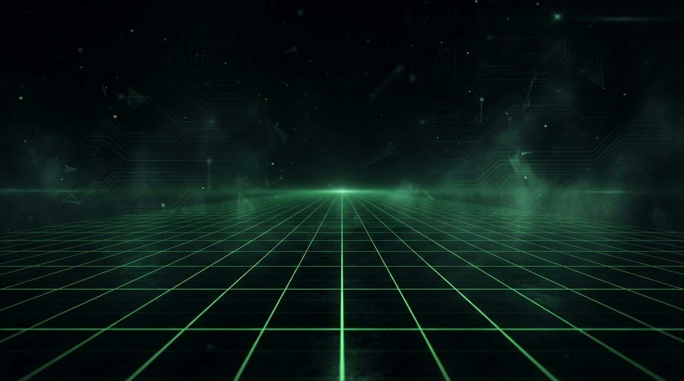 A glowing neon-green perspective grid on deep black — Logic First growth network