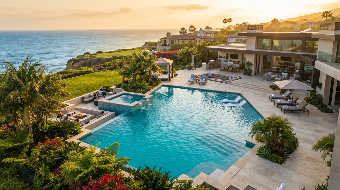 Beautiful swimming pool at golden hour