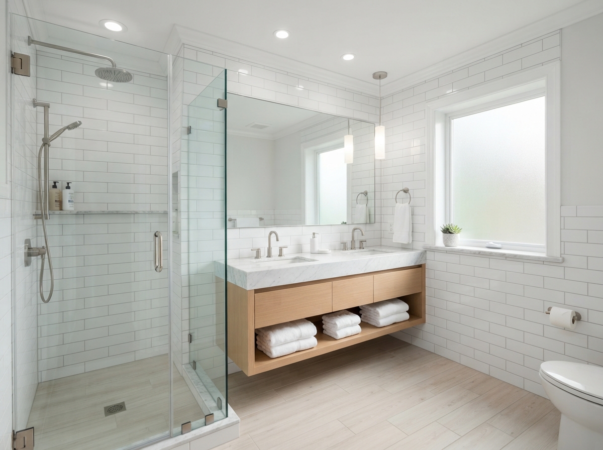 Remodeled bathroom with walk-in glass shower and wood vanity — Devon, PA