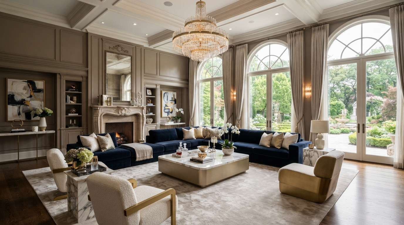 High-end luxury home staging with high ceilings, navy sectional and marble accents