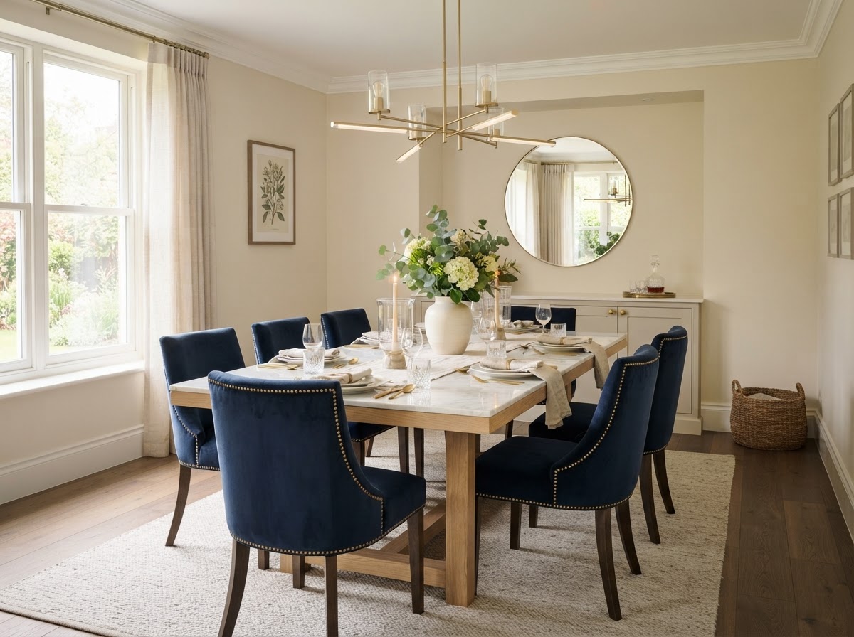 Staged primary bedroom with layered neutral and dusty blue linens
