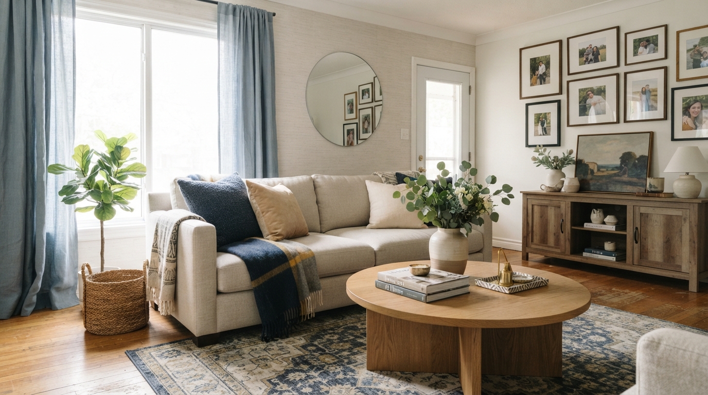 Stylist reworking a lived-in living room with neutral staging accents