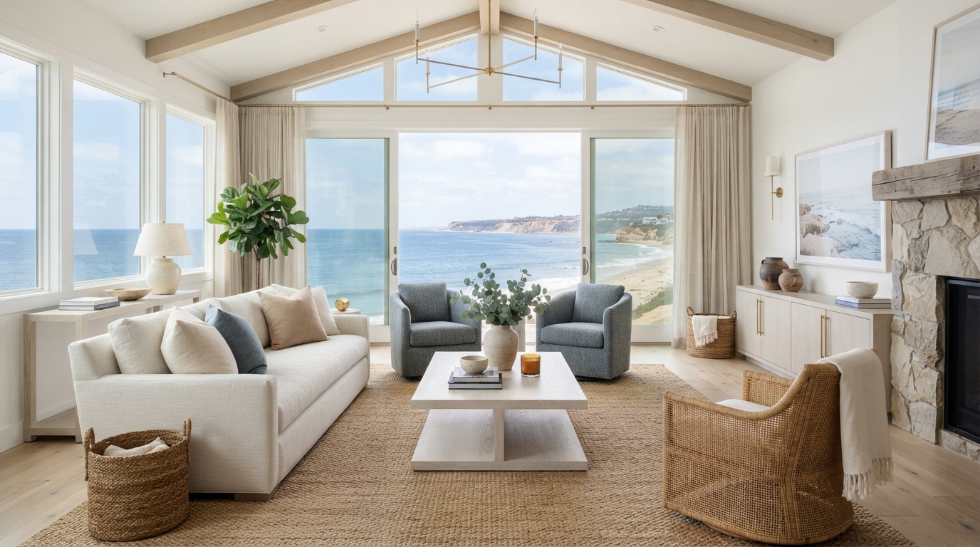 Modern coastal-inspired South Bay home interior with airy styling