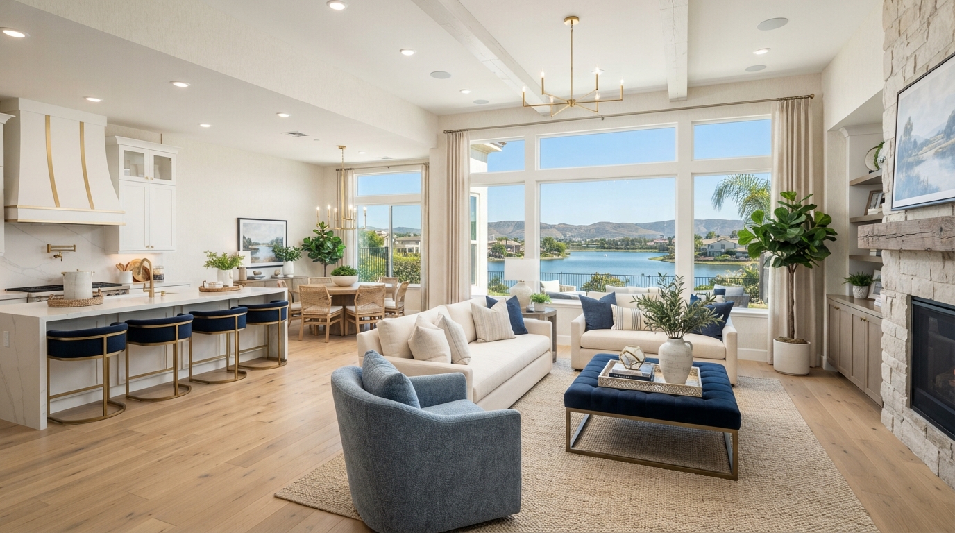 Elegant staged dining room with navy chairs and centerpiece