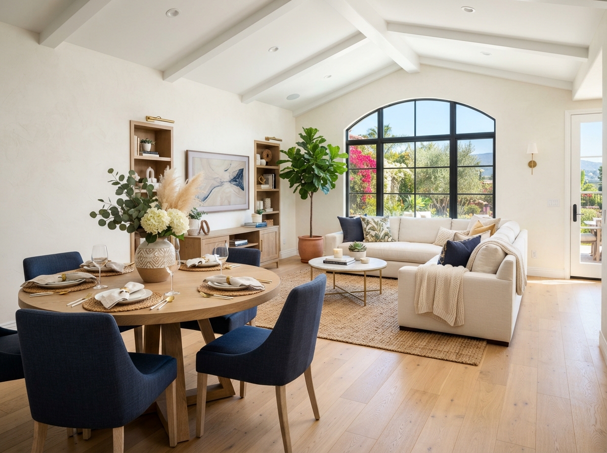 Sophisticated professionally staged living room in a Chula Vista home with navy sofa and champagne gold accents
