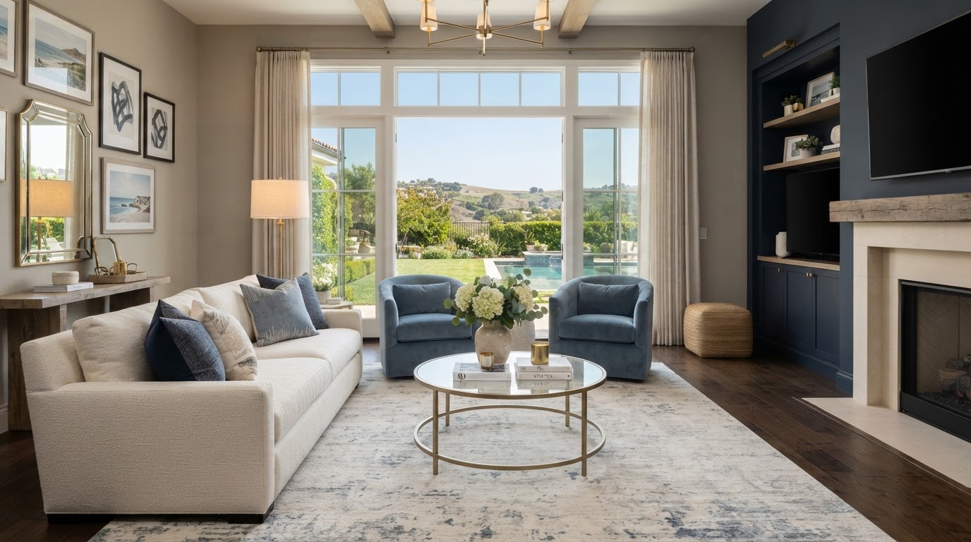 Warm sophisticated residential interior staged in Bonita, California