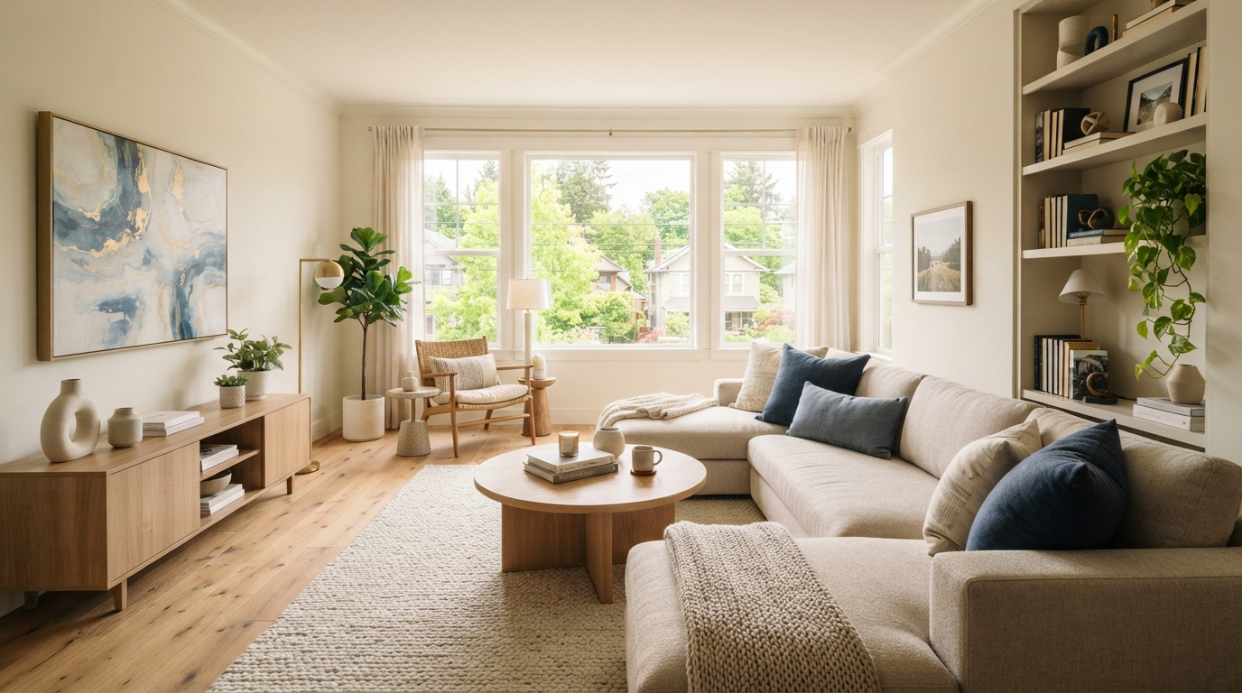 Beautifully furnished previously vacant living room staged for sale