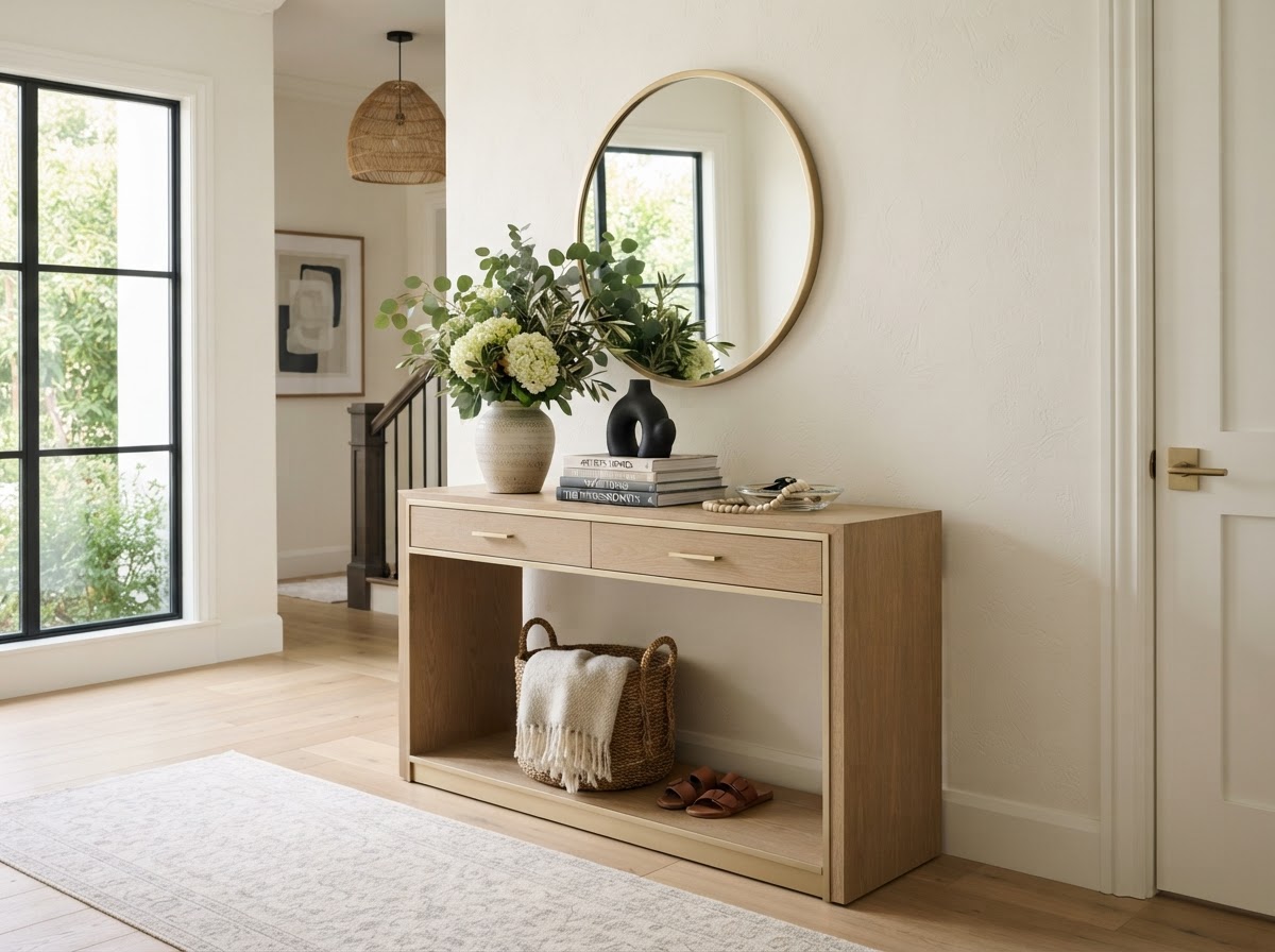 Styled entryway console table with vase and art books