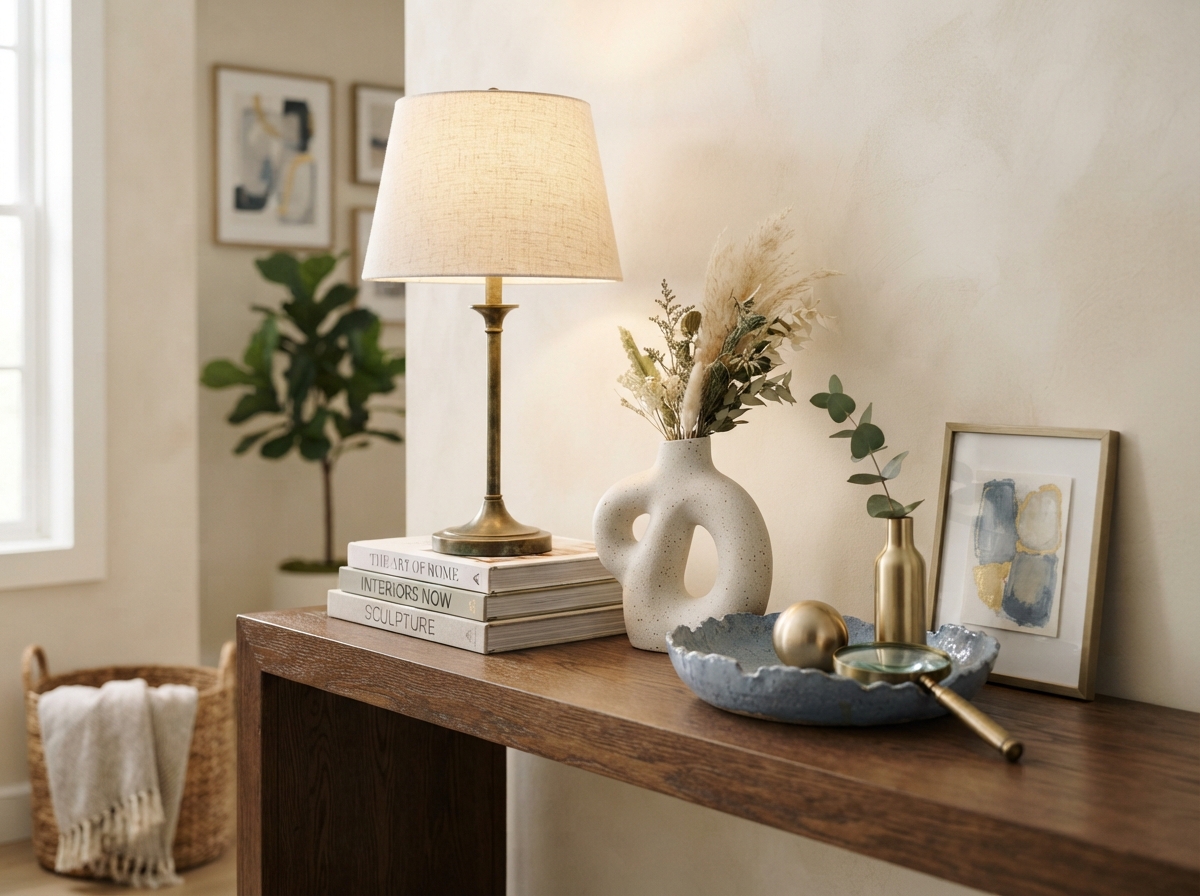 Close-up of refined interior styling with art books, vase and champagne gold accents