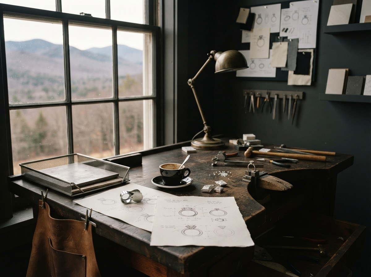 Anna's jewelry design studio — a workbench with hand-drawn ring sketches, a diamond loupe, and an espresso cup, with the Vermont mountains through the window.