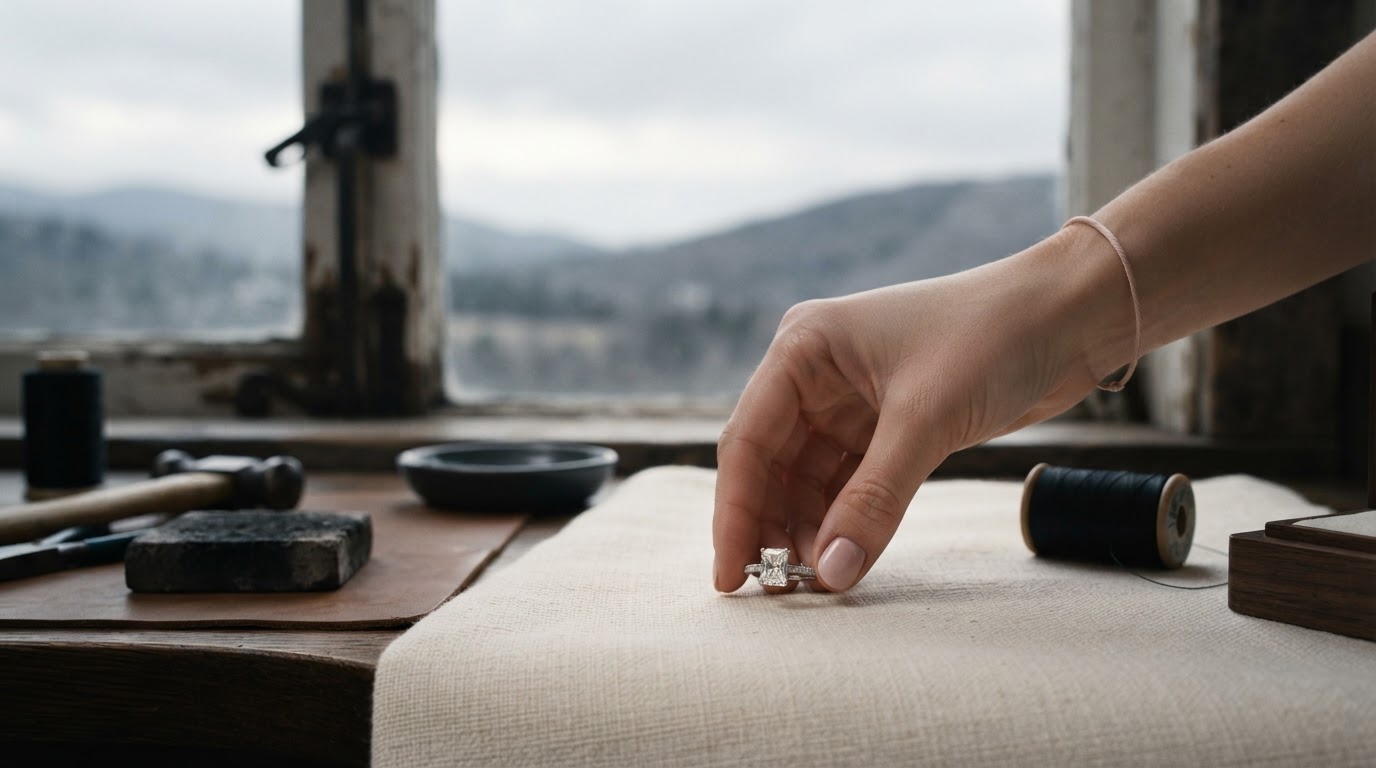 A hand placing a platinum diamond engagement ring on warm ivory linen, with the Vermont mountains softly blurred through a studio window.