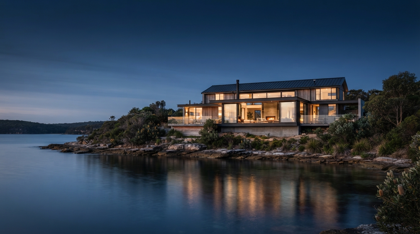 A modern Australian coastal home glowing at dusk on Lake Cathie