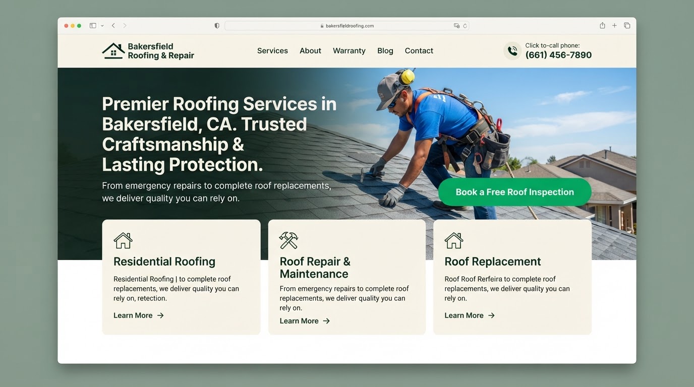 Modern high-converting Bakersfield Roofing & Repair website rebuilt by RiverX
