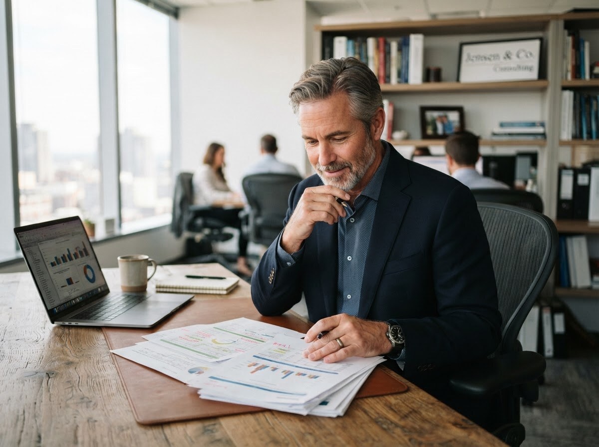 Business owner reviewing financial documents