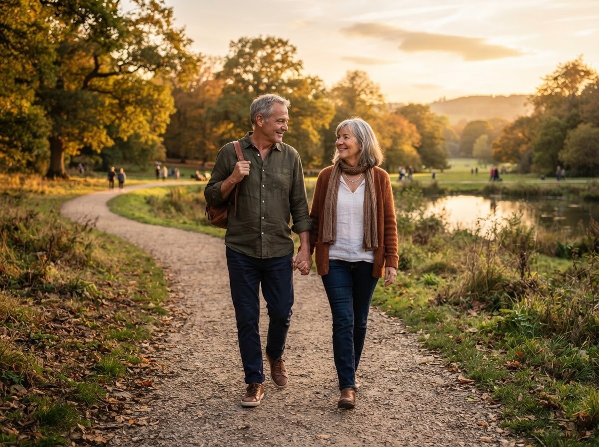 Retired couple walking through park
