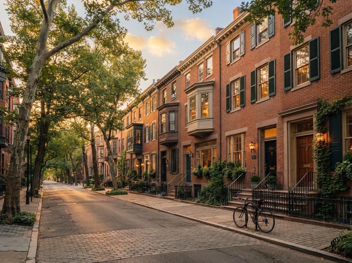 Historic Philadelphia row homes on a tree-lined street at golden hour
