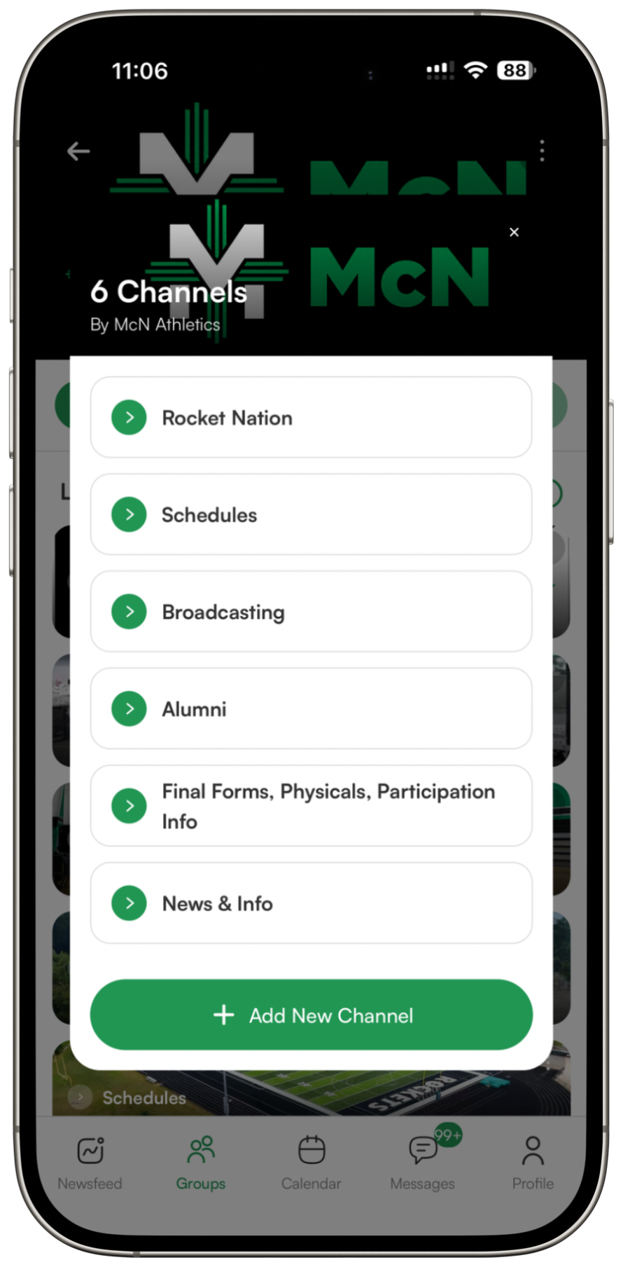 connect. app channels list for McN Athletics showing Rocket Nation, Schedules, Broadcasting, Alumni, and + Add New Channel