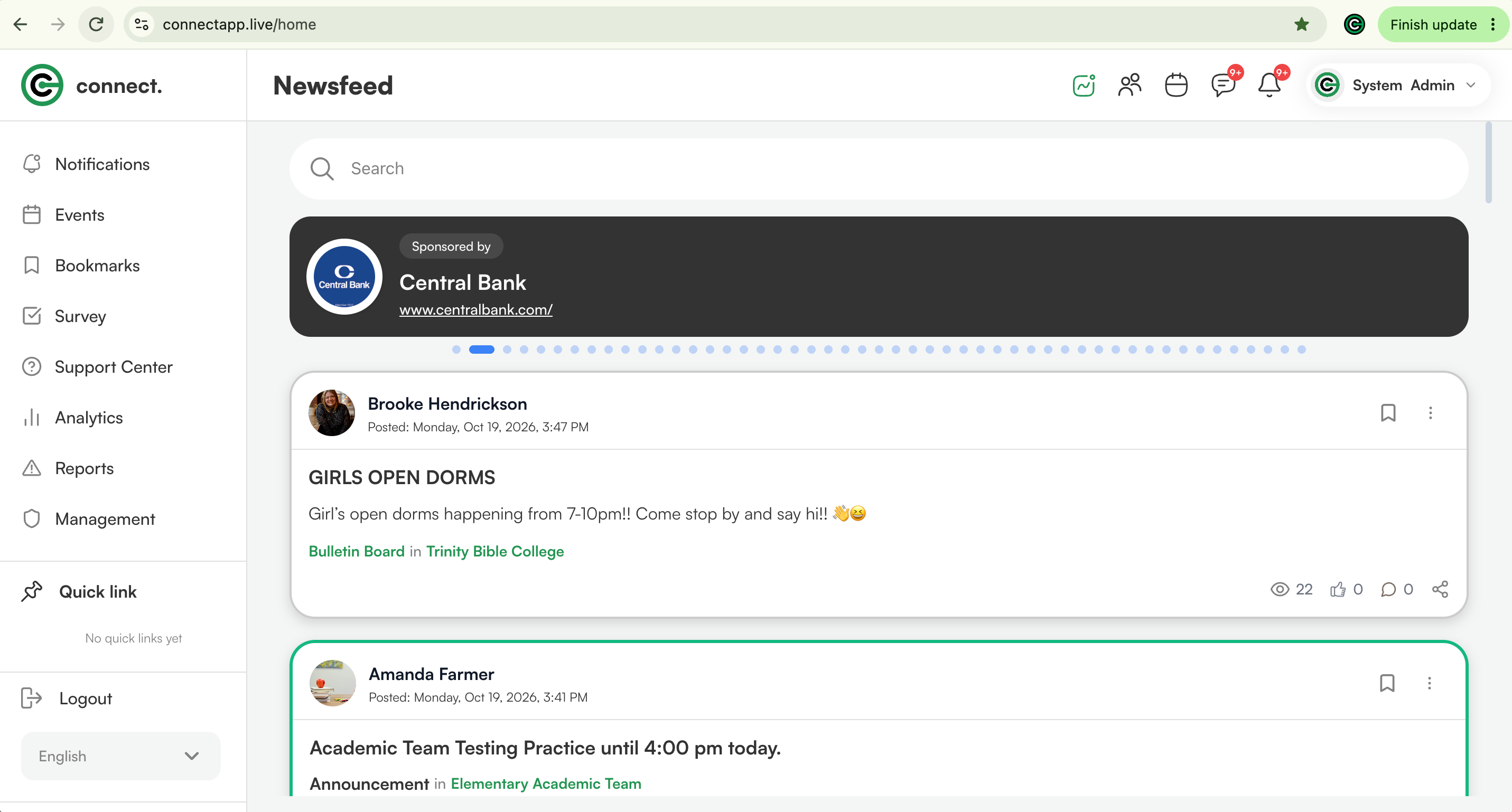 connect. browser platform at connectapp.live showing newsfeed, navigation, notifications, search, sponsored Central Bank banner, and announcements