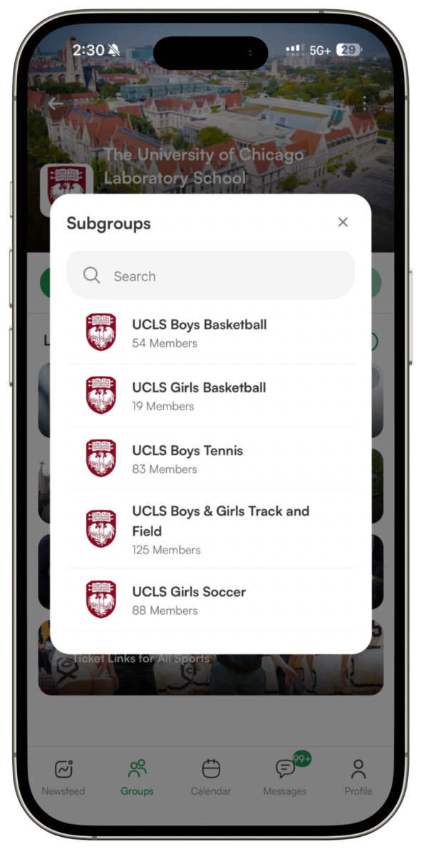 connect. app subgroups directory for The University of Chicago Laboratory School showing sports teams and member counts