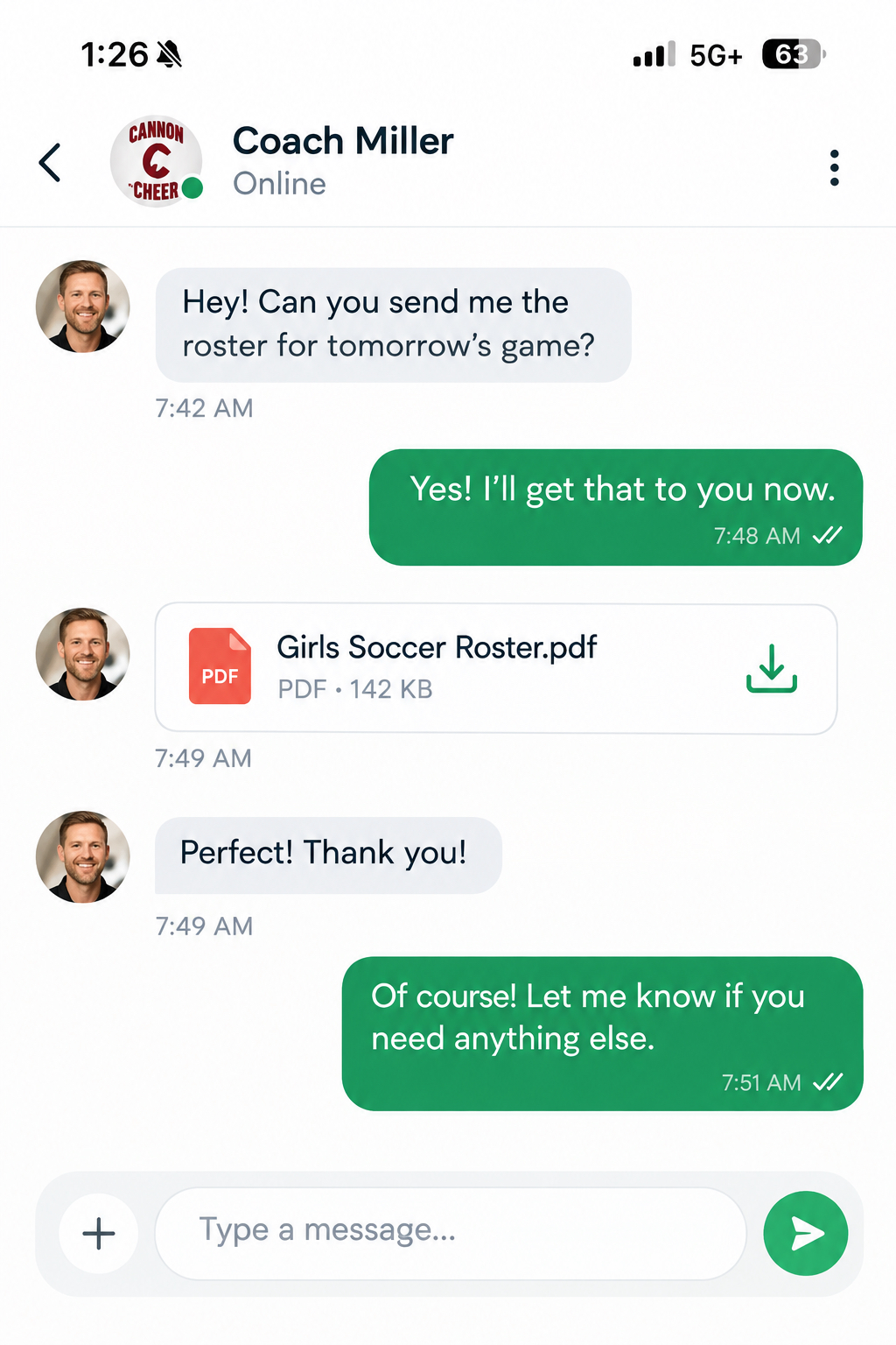 Real direct messaging conversation with Coach Miller inside connect. app with roster PDF attachment and read ticks