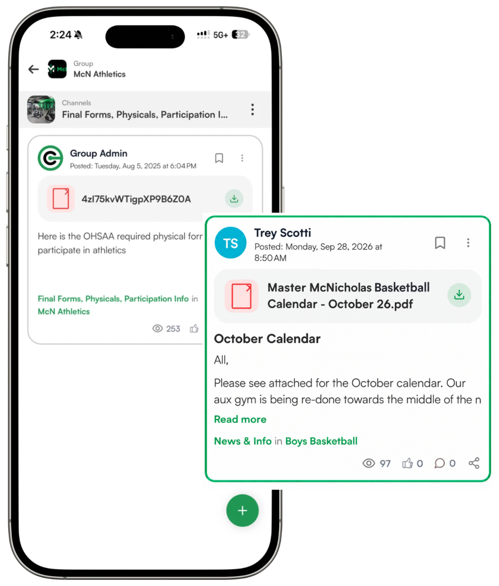connect. Resource Hub showing downloadable OHSAA physical forms and McN Basketball calendar attachment