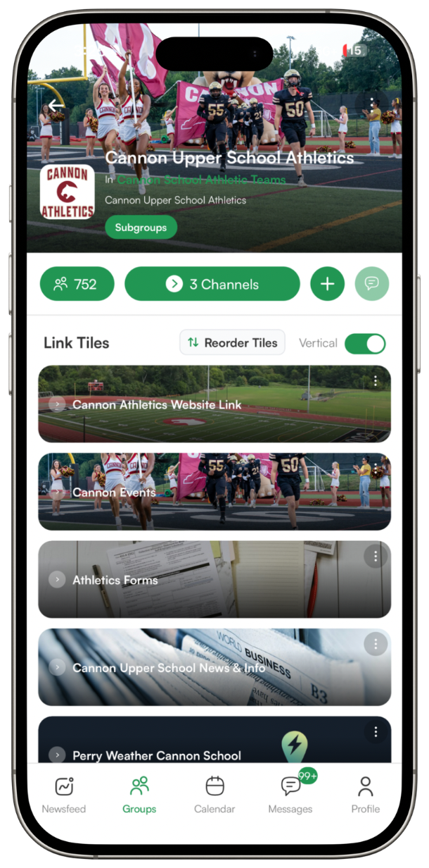 Cannon Upper School Athletics branded experience in connect. showing custom team logo, photo banner, subgroups, and link tiles
