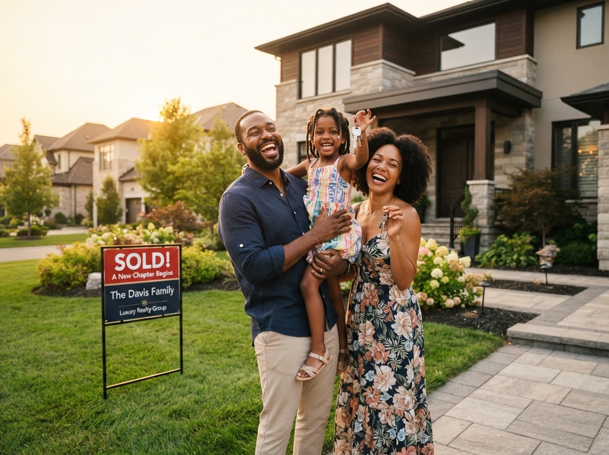 Happy Black family celebrating outside their newly purchased home