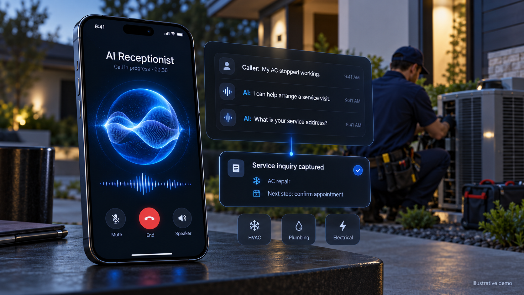 AI Receptionist call in progress showing real-time transcript, captured inquiry details, and service categorisation for HVAC, plumbing, and electrical
