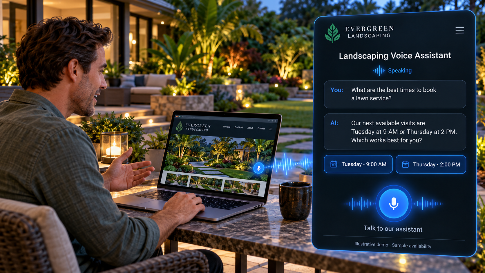 Evergreen Landscaping smart site with interactive Voice Assistant answering booking questions and capturing appointments in real-time