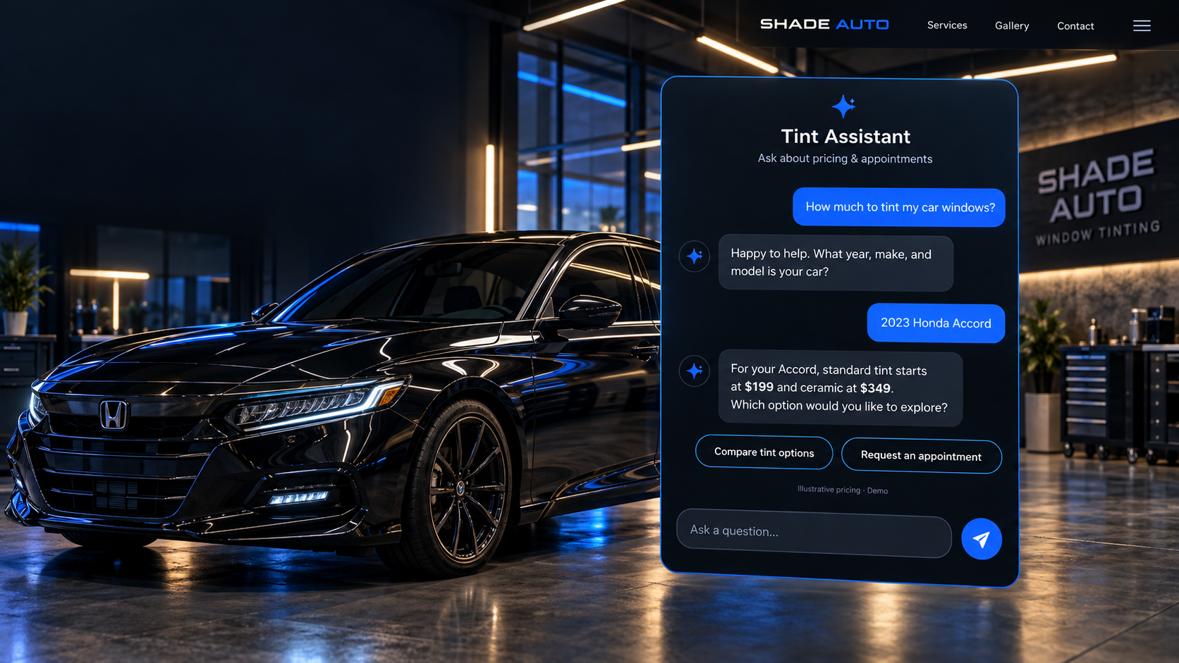 Shade Auto window tinting smart site concept with Tint Assistant interactive chat widget answering pricing questions and guiding booking