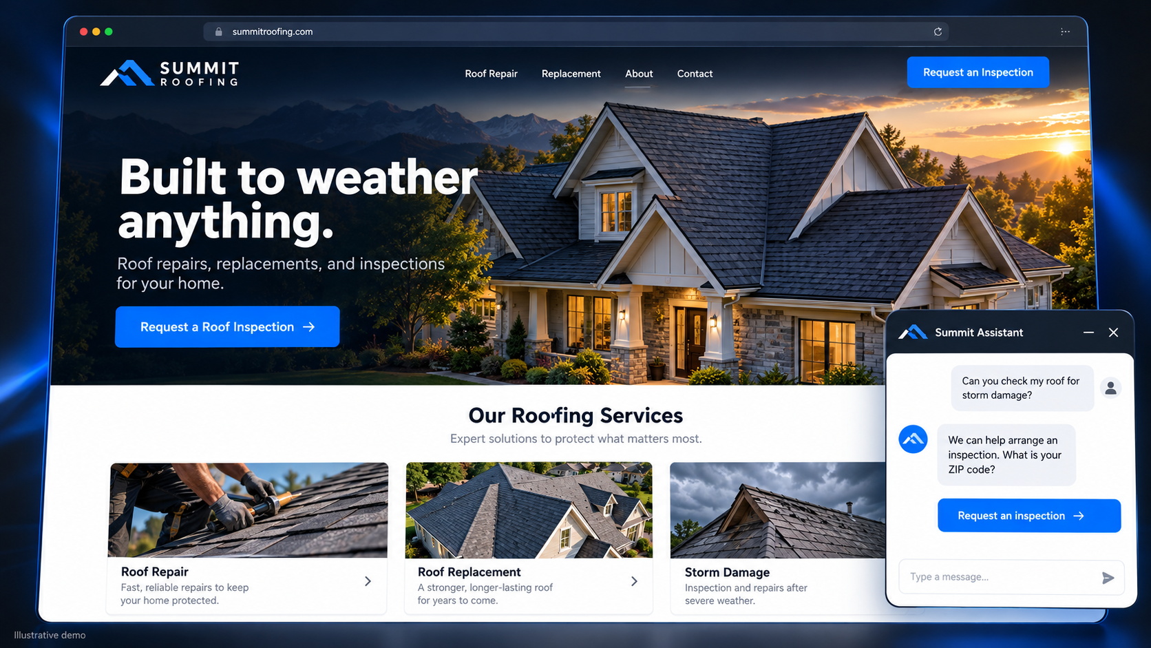 Summit Roofing website foundation with integrated Summit Assistant chatbot and inspection booking