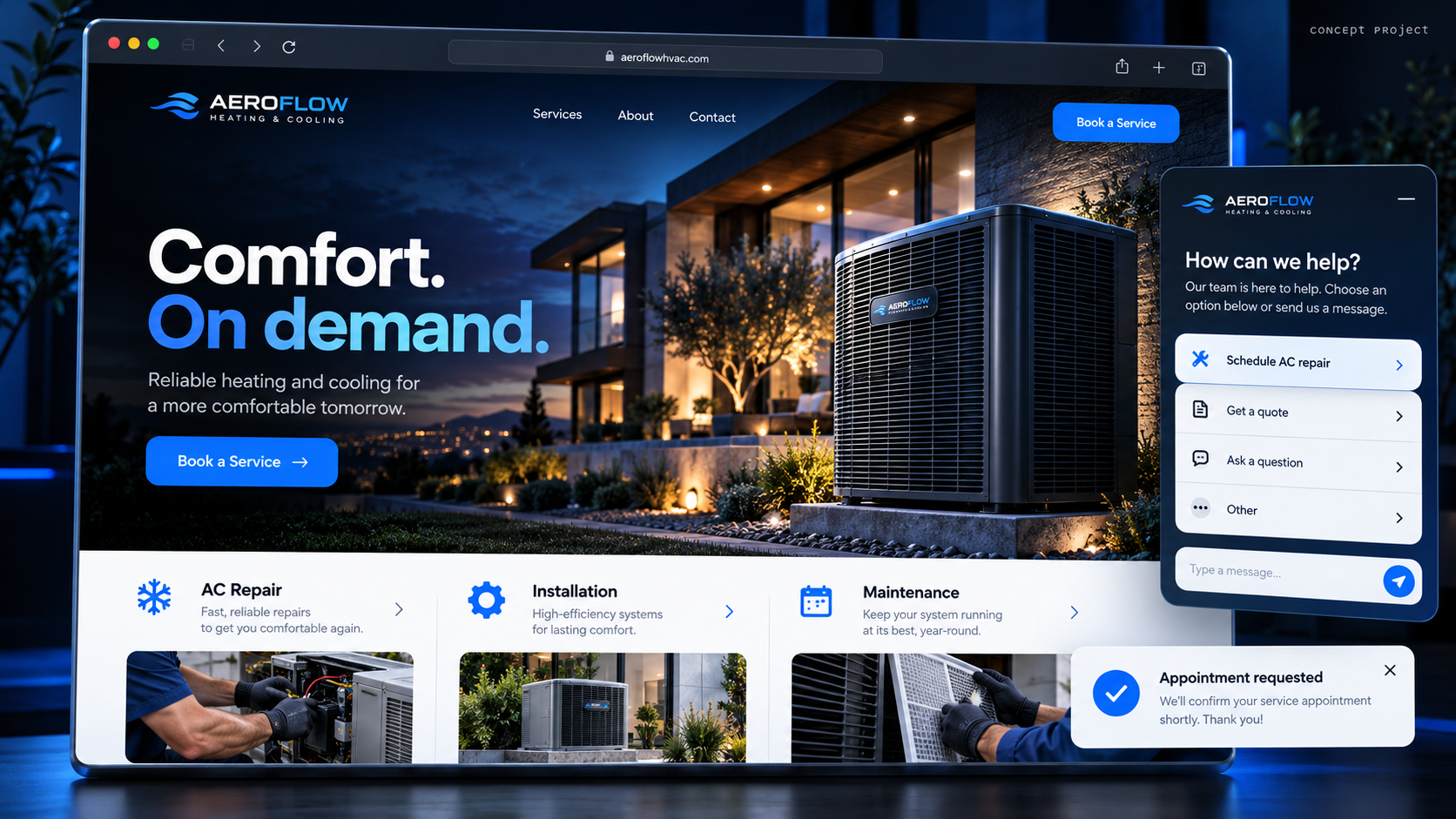 AeroFlow Heating and Cooling smart site concept showcasing hero messaging, interactive service tiles, AI chat widget, and appointment confirmation panel