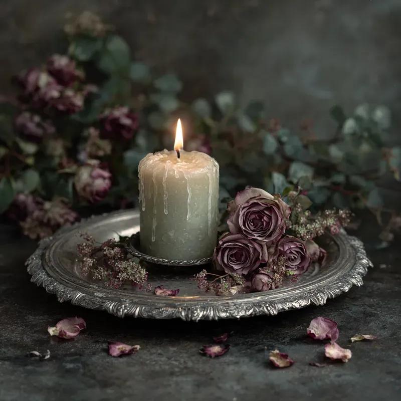Warm candlelight glowing in a dark, intimate autumnal setting