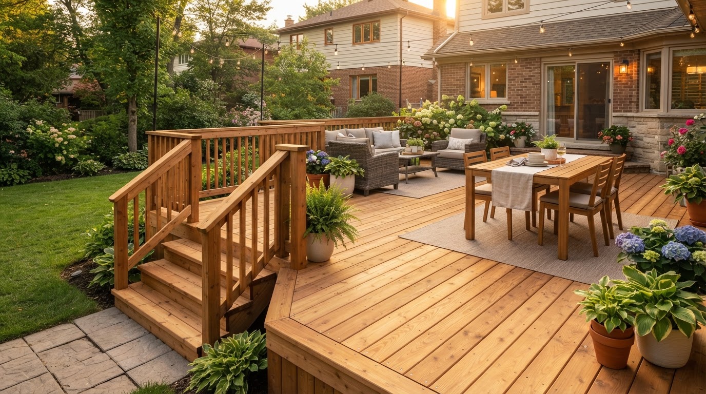 Beautifully restored backyard deck with sanded and refinished wood boards revealing warm grain, tight stainless steel fasteners and a rebuilt railing in golden hour light