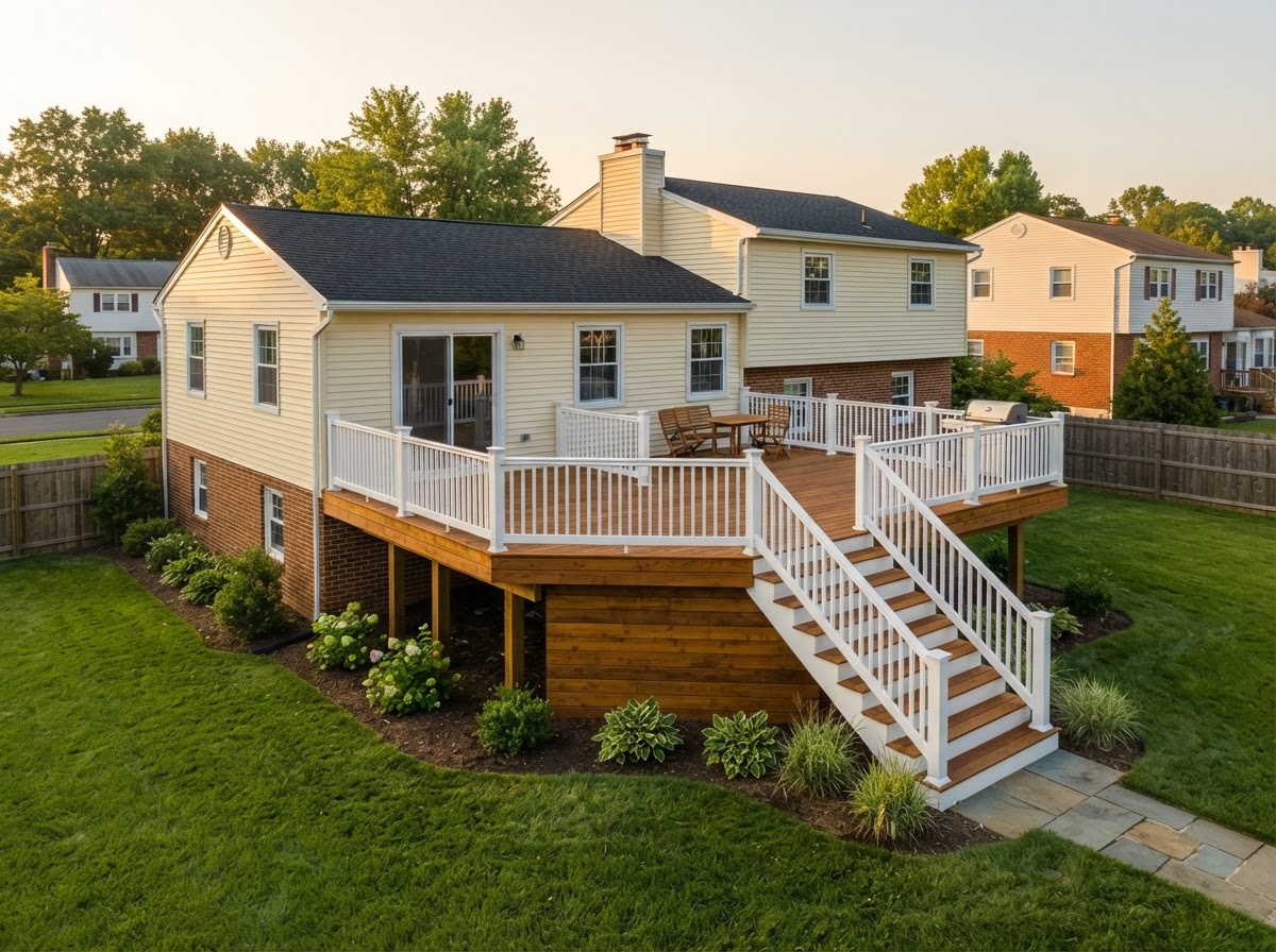 Finished new pressure treated wood deck with wraparound stairs and white vinyl railing on a Levittown colonial home in golden hour light
