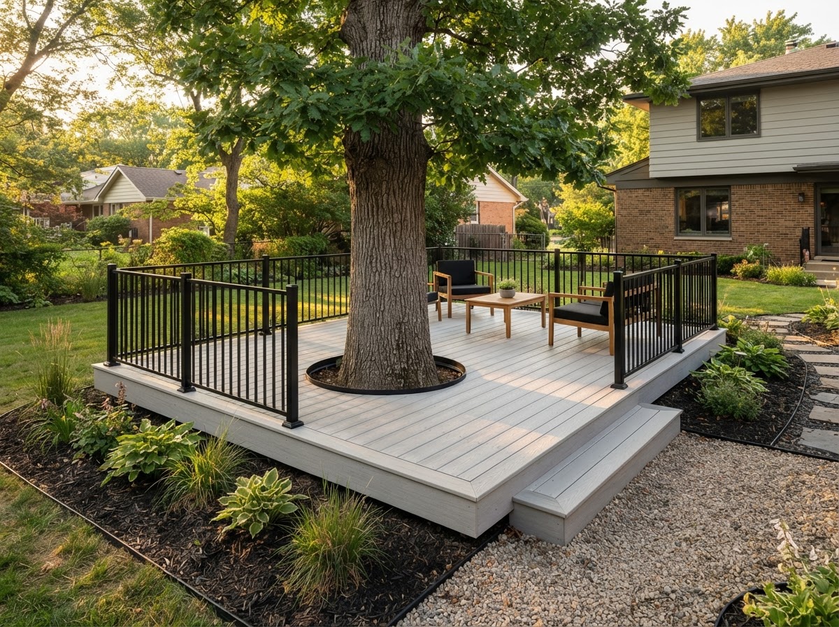 Finished new low ground level composite deck in light gray boards with black metal railing built around a mature shade tree in a suburban backyard in warm light