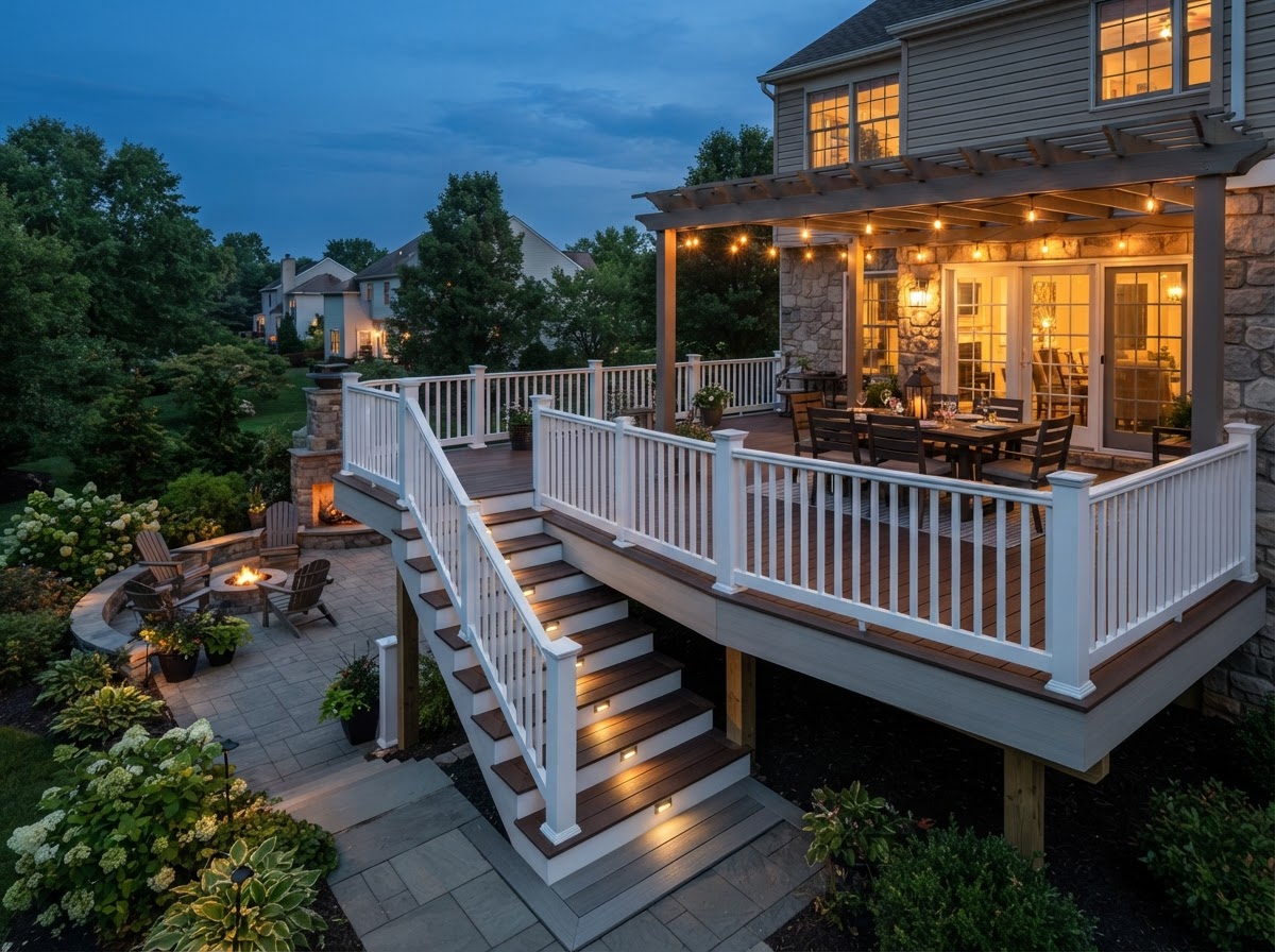 Finished multi level deck replacement with two tone composite boards, white vinyl railing, and connecting stairs between an upper deck and lower patio at dusk