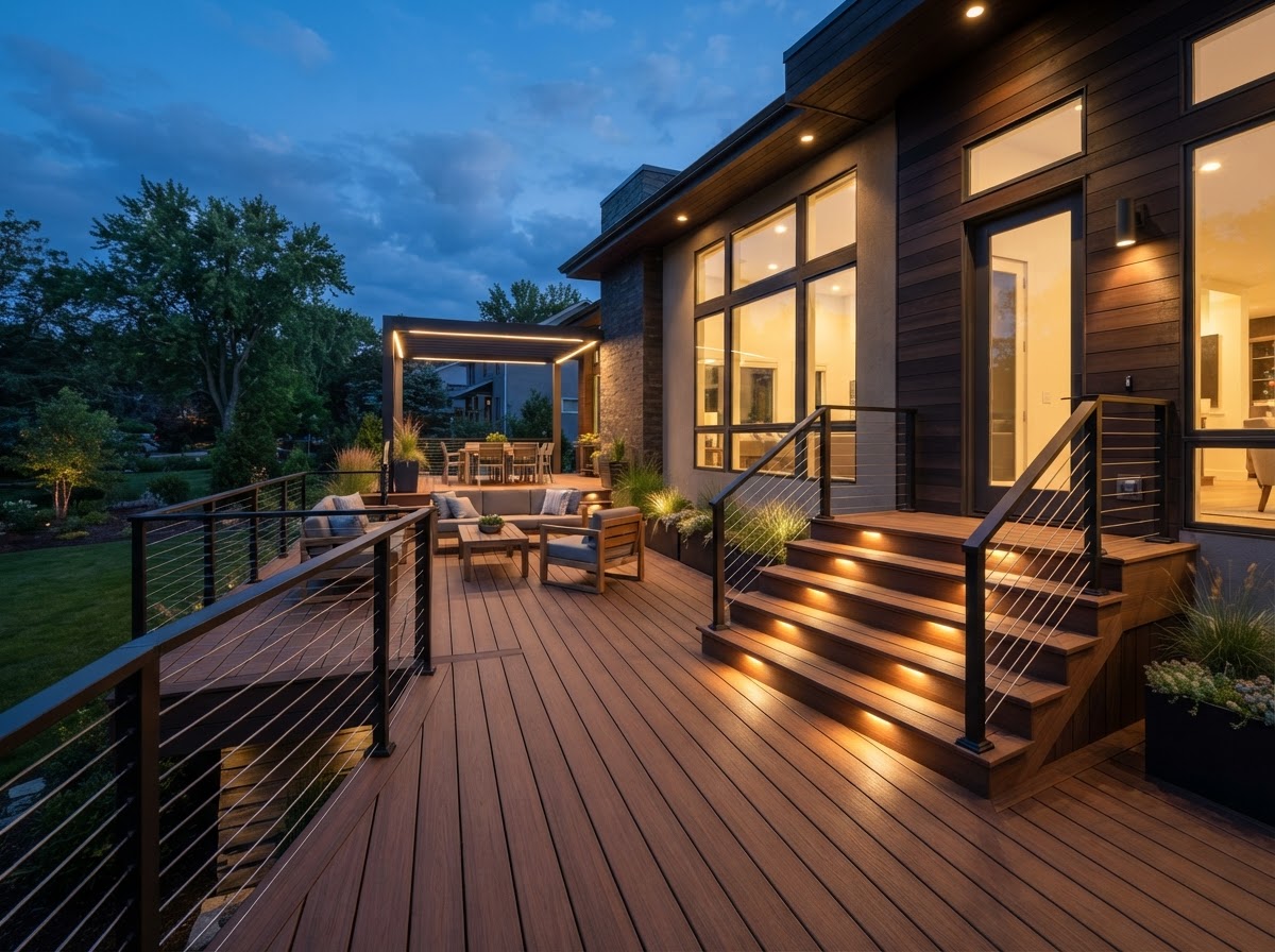 Finished new modern deck with stainless steel cable railings, premium composite decking, and integrated outdoor step lighting on a contemporary home at twilight