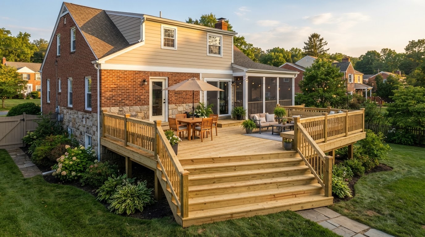 Finished new deck construction with premium pressure treated wood boards, railing and stairs on a Levittown home in warm afternoon light