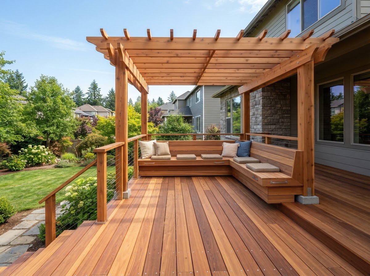 Finished new cedar wood deck with an integrated timber pergola and built in bench seating on a suburban home in bright daylight