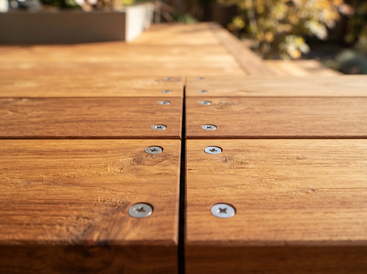 Close up of flush stainless steel deck screws and tight joinery in finished cedar deck boards