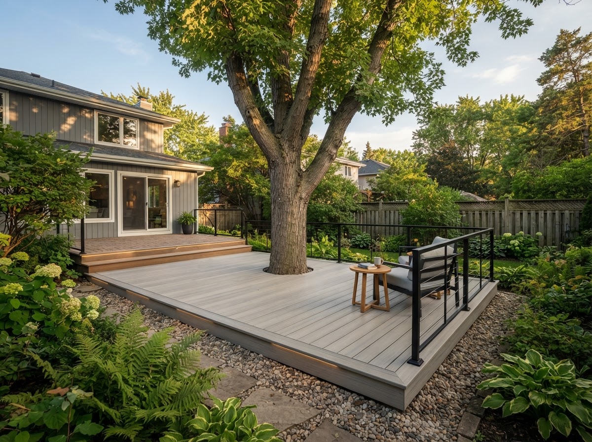Finished low ground level composite deck in light gray boards with black metal railing built around a mature shade tree in a suburban backyard in warm light